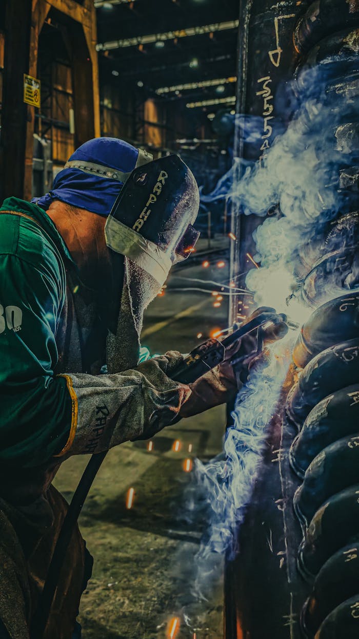 who-we-are Skilled welder working in a factory, showcasing sparks and safety gear during metal fabrication.