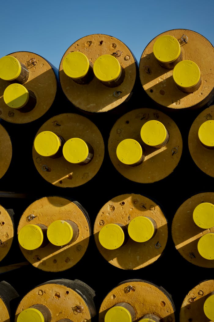services-02 Close-up of stacked yellow industrial pipes with visible rust against a blue sky. Industrial theme.