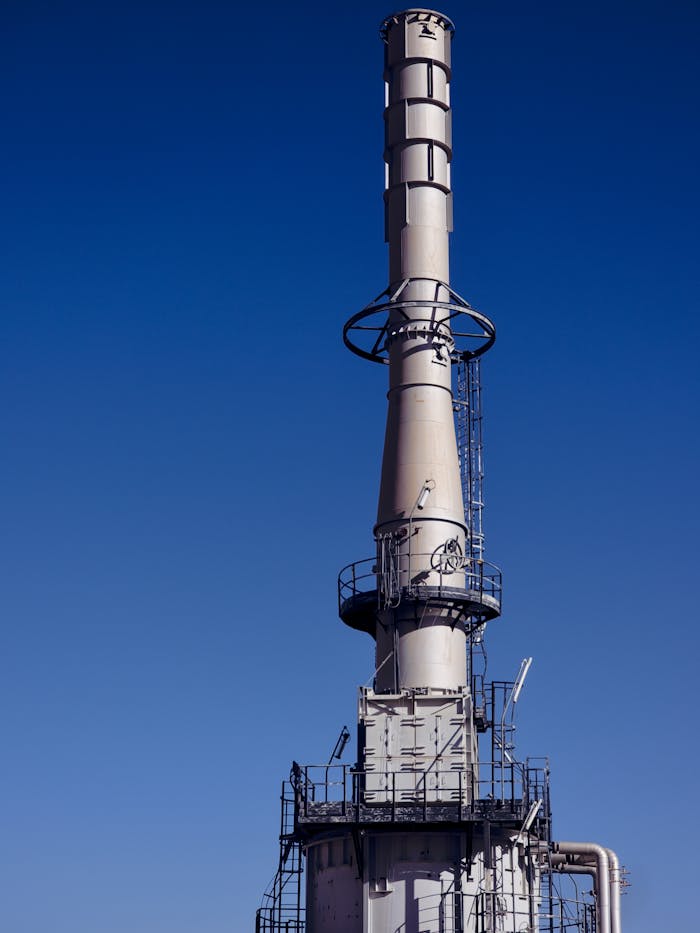 services-04 A tall industrial chimney with metal scaffolding against a clear blue sky, symbolizing energy production.